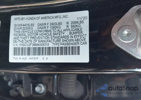2021 Honda Accord Sport из США, поврежденный, VIN 1HGCV2F38MA005315